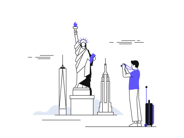 Male traveler clicking photo of statue of liberty  Illustration