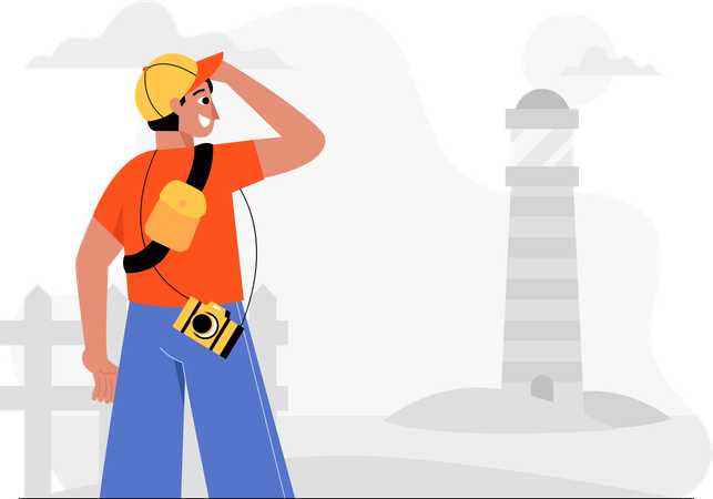 Male traveler looking at lighthouse  Illustration