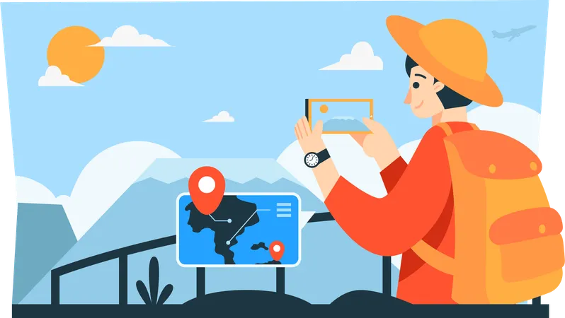 Male traveler photographing beauty of nature  Illustration