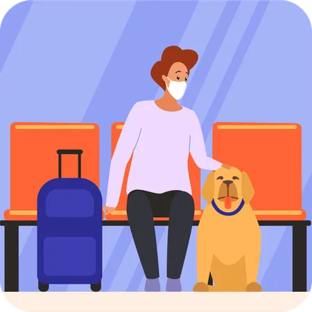 Male traveler sitting with dog  Illustration