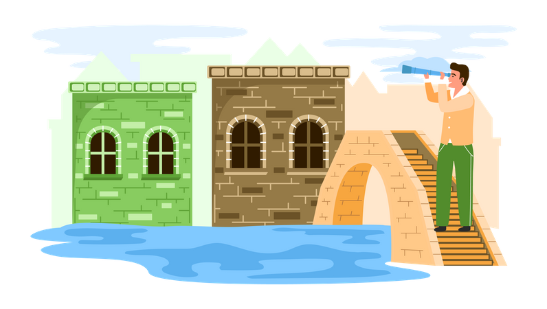 Male traveler stands on small stone bridge over river in old town with low brick ancient building  Illustration