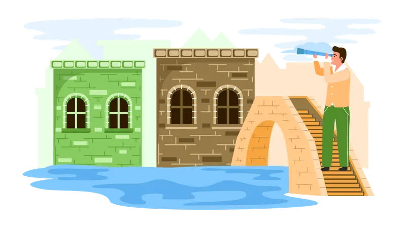 Male traveler stands on small stone bridge over river in old town with low brick ancient building Illustration