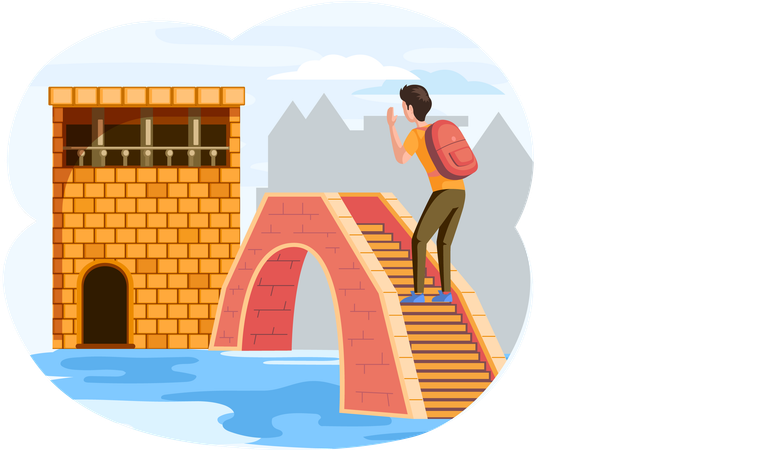 Male traveler stands on small stone bridge over river in old town with low brick ancient building  Illustration
