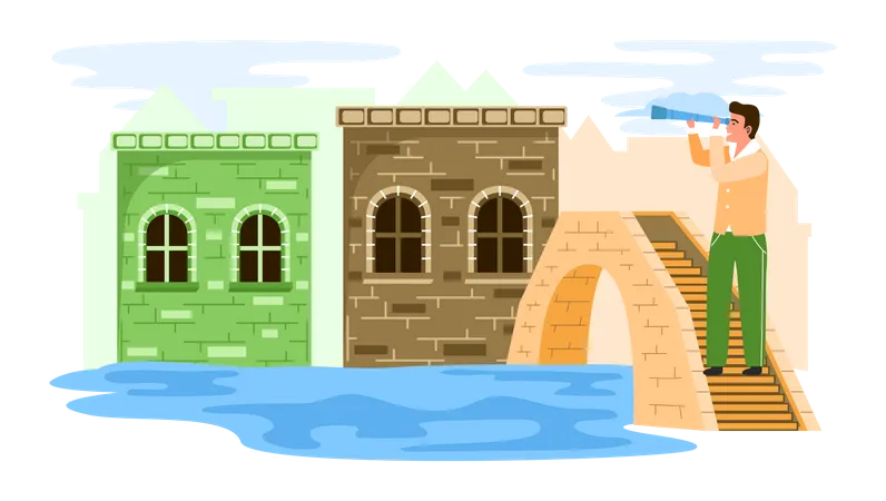 Male traveler stands on small stone bridge over river in old town with low brick ancient building  Illustration