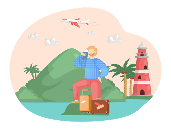 Male traveler stands with luggage next to lighthouse in sea  Illustration