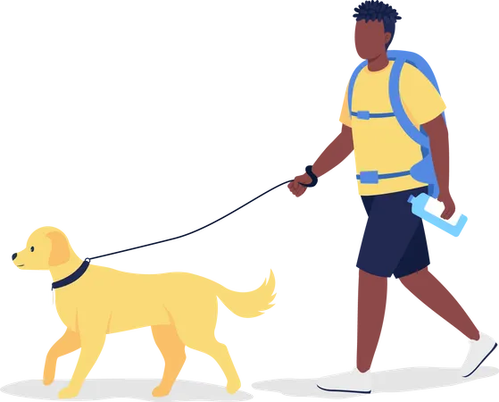 Male traveler walking with dog Illustration