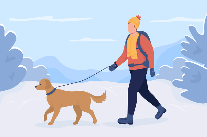 Male traveler walking with dog  Illustration