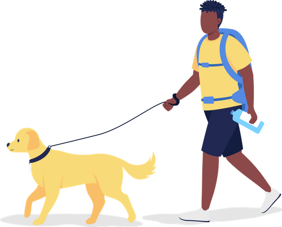 Male traveler walking with dog  Illustration