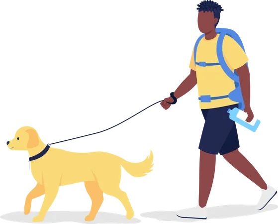 Male traveler walking with dog  Illustration