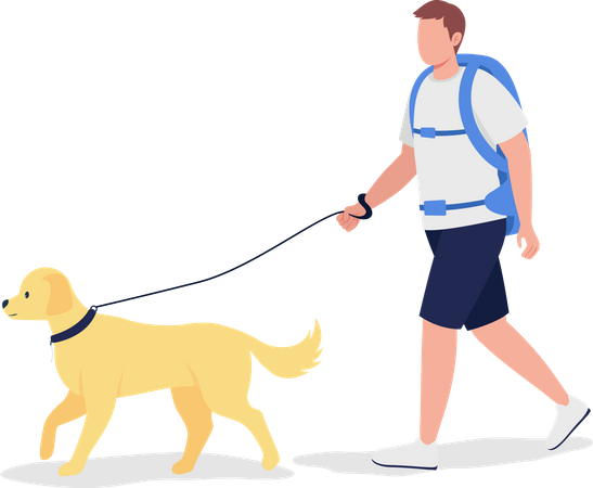 Male traveler walking with dog  Illustration