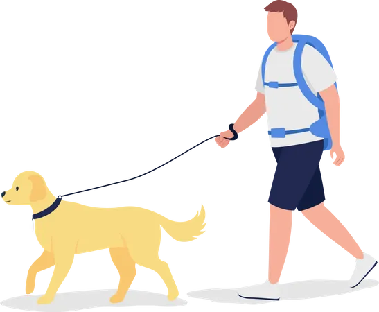 Male traveler walking with dog  Illustration