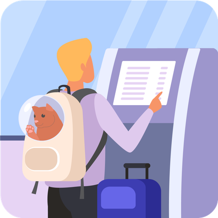 Male traveler with cat at airport  Illustration