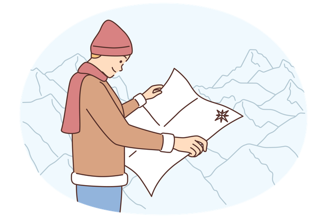 Male traveler with map in mountains  Illustration