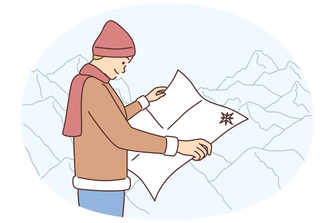 Male traveler with map in mountains  Illustration