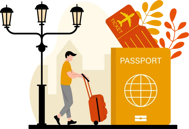 Male traveler with passport and luggage Illustration