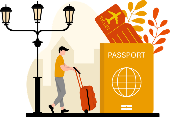 Male traveler with passport and luggage  Illustration