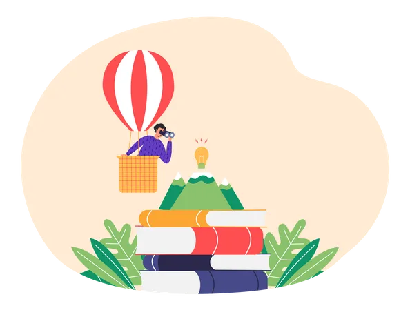 Male traveler with spyglass in hot air balloon Illustration