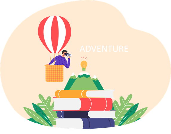 Male traveler with spyglass in hot air balloon with basket in sky  Illustration