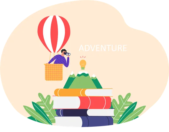 Male traveler with spyglass in hot air balloon with basket in sky  Illustration