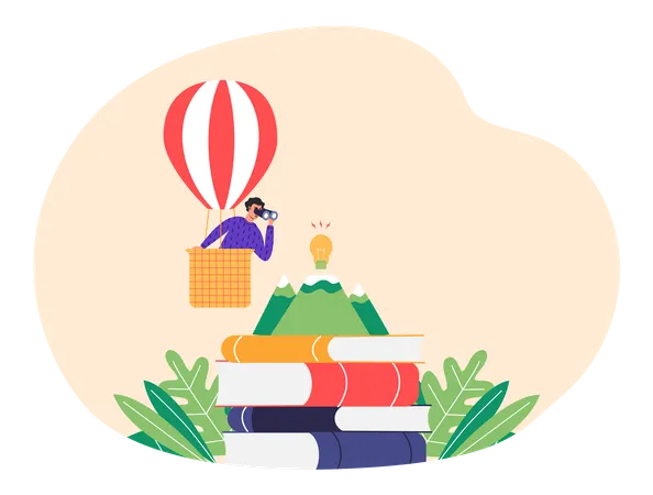 Male traveler with spyglass in hot air balloon  Illustration