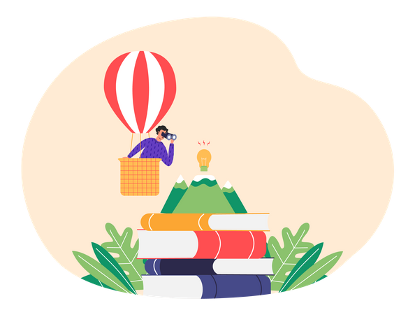 Male traveler with spyglass in hot air balloon  Illustration