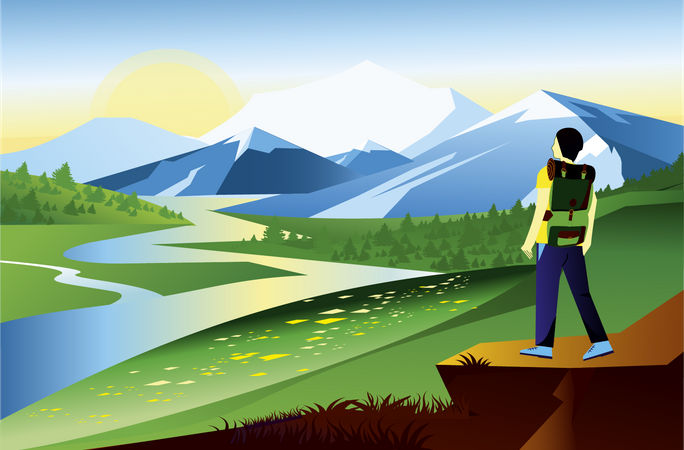 Male trekker enjoying scenic view  イラスト