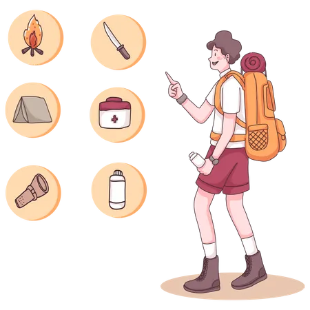 Young Backpacker With Items For Camping In Cartoon Character Style Flat Vector Illustration Illustration