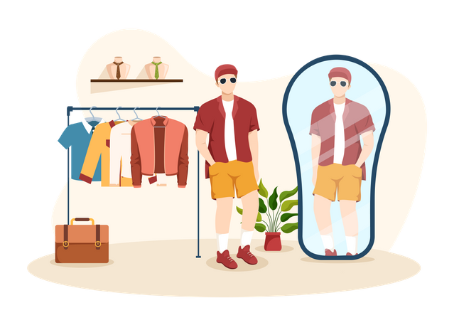 Male trying cloth in Clothes Shop Illustration