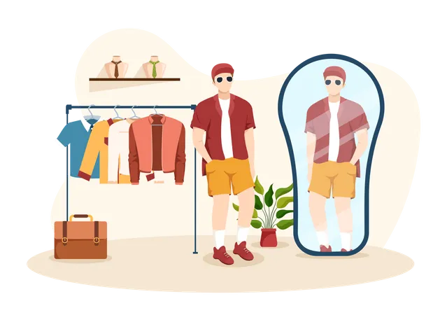 Male trying cloth in Clothes Shop  Illustration