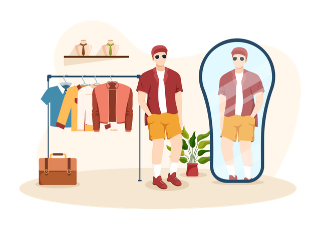 Male trying cloth in Clothes Shop  イラスト