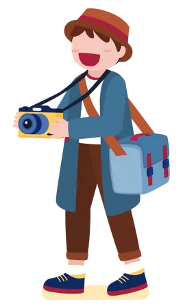 Photographer With Camera While Travel Around The World In Cartoon Character Capture The World Concept Flat Design Vector Illustration Illustration