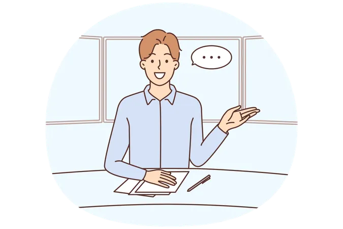 Male TV presenter with speech bubble above talking in studio  Illustration