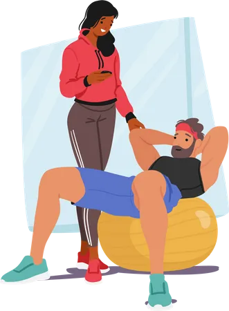 Male Character Undergoing Personalized Fitness Training With A Personal Coach Man Pumping Press On Fitball Instructor Help To Achieve Goals And Maximize Results Cartoon People Vector Illustration Illustration
