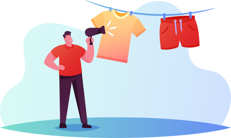 Male Use Fan for Drying Clothing Hang on Rope Illustration