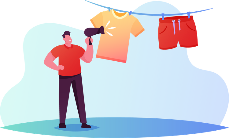 Male Use Fan for Drying Clothing Hang on Rope  Illustration