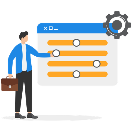 Male users move sliders and change gadget settings.  Illustration
