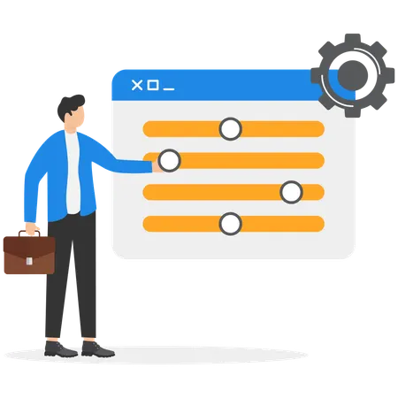 Male users move sliders and change gadget settings.  Illustration