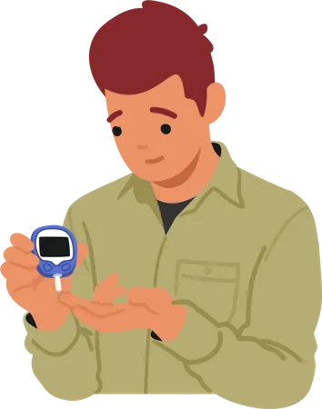 Male Character Using Glucometer Checking Blood Sugar Level Young Man Control Diabetes Medical Healthcare Concept Isolated On White Background Cartoon People Vector Illustration Illustration
