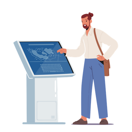 Male Using Kiosk Reading Information on Digital Screen with Area Plan  Illustration