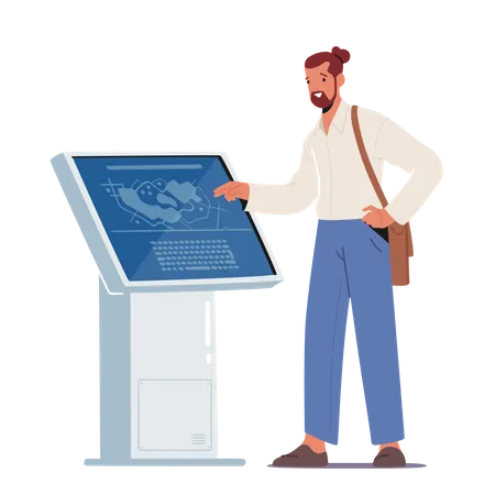 Male Using Kiosk Reading Information on Digital Screen with Area Plan  Illustration