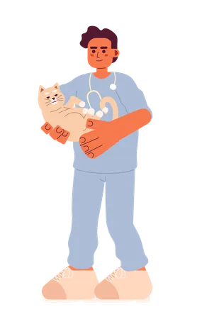Male Veterinarian With Cat Cartoon Flat Illustration Clinic Vet Man Middle Eastern Holding Kitten 2 D Character Isolated On White Background Doctor Animal Veterinary Medic Scene Vector Color Image Illustration