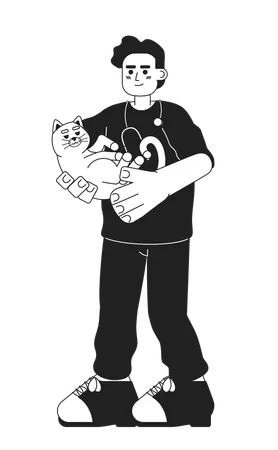 Male Veterinarian With Cat Black And White Cartoon Flat Illustration Clinic Vet Man Arab Holding Kitty Linear 2 D Character Isolated Doctor Animal Veterinary Medic Monochromatic Scene Vector Image Illustration