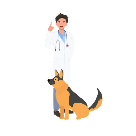 Full Length Of Male Veterinarian With German Shepherd Dog Is Giving Information Suggestion About Dog Profession Veterinarian Flat Vector Cartoon Illustration Illustration