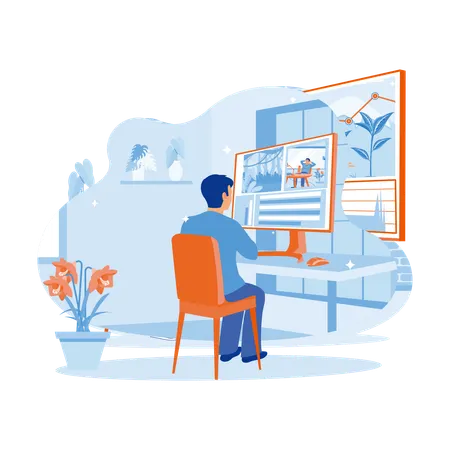 Male Video Editor Working In Creative Loft Office  Illustration