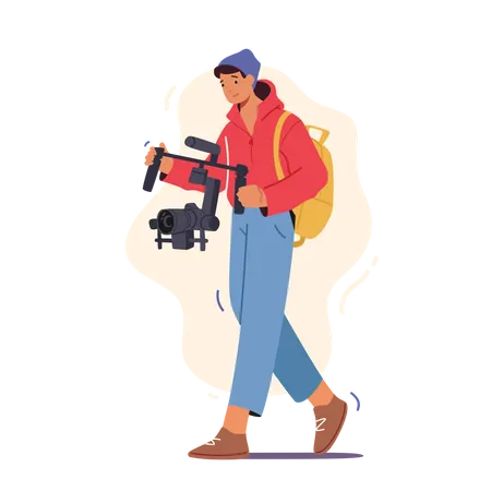 Male Videographer or Blogger Record Video Movie on Camera with Gimbal. Social Media Network, Tv Show, Program  Illustration