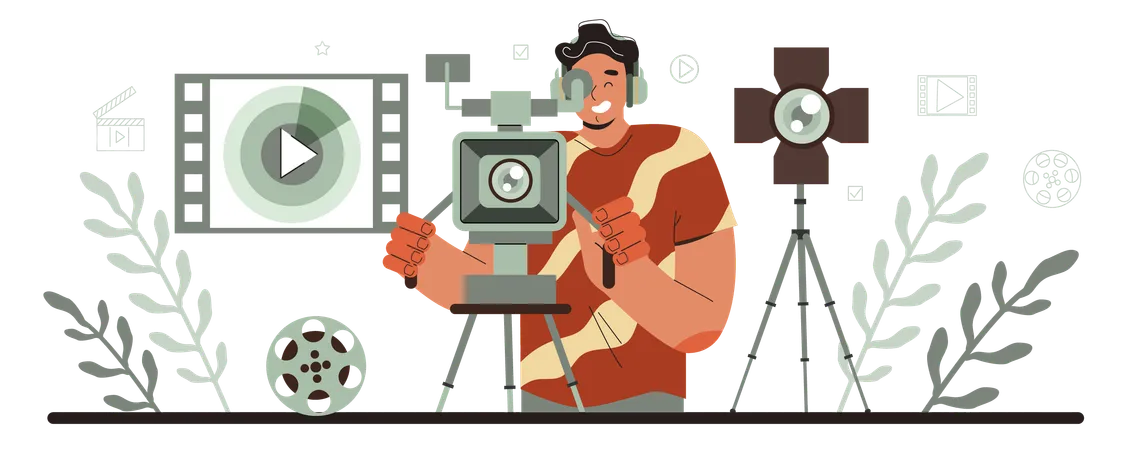 Cameraman Typographic Header Video Production Filming And Editing Videographer Or Motion Designer Making Visual Content For Media With Special Equipment Flat Vector Illustration Illustration