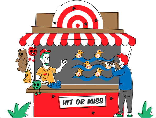 Male Visiting Shooting Gallery with Prizes in Amusement Park Illustration