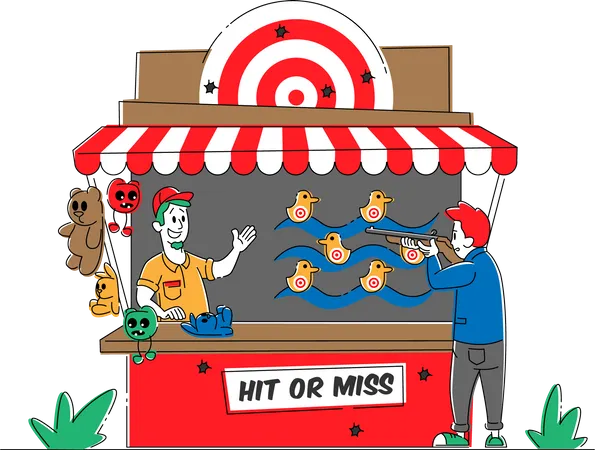 Male Visiting Shooting Gallery with Prizes in Amusement Park  Illustration