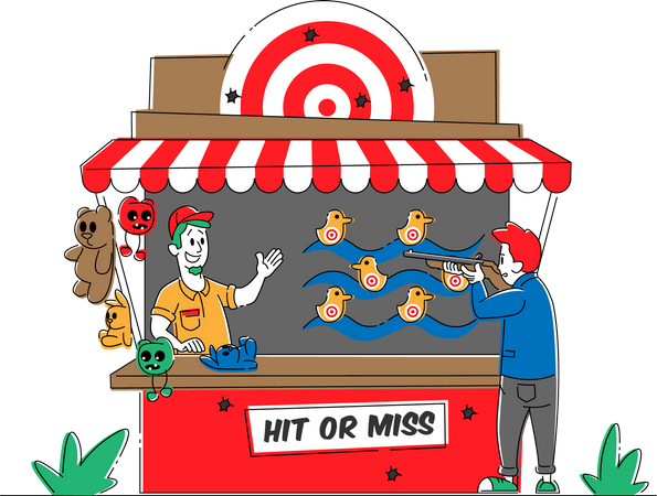 Male Visiting Shooting Gallery with Prizes in Amusement Park  Illustration