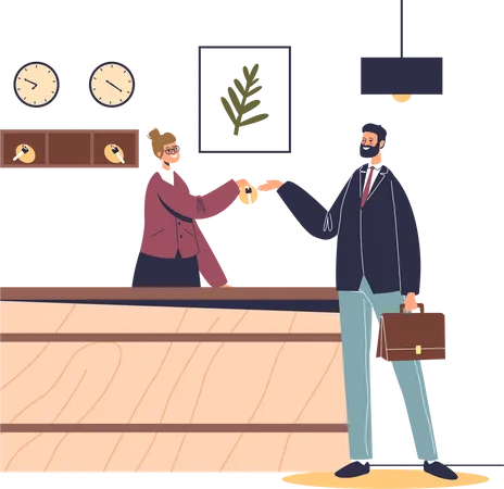 Male Visitor Checking In To Hotel At Reception Desk In Lobby Receptionist Help Guest Welcoming And Registering Client In Accommodation Service Cartoon Flat Vector Illustration Illustration